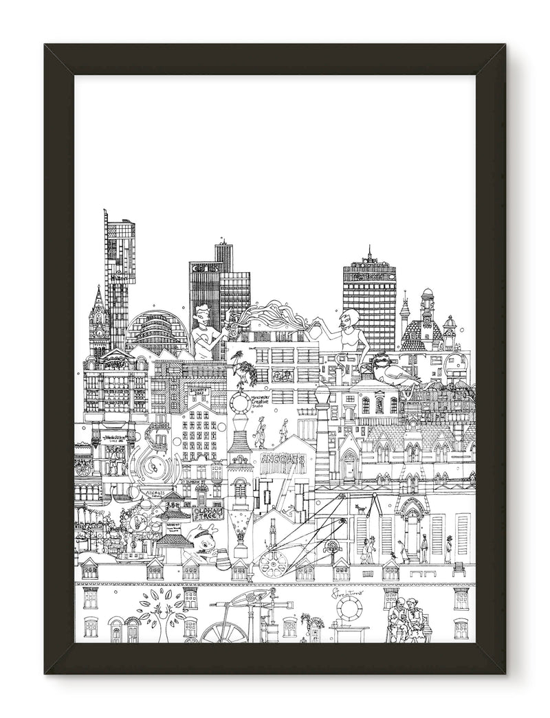 Industrial Manchester skyline print - black and white