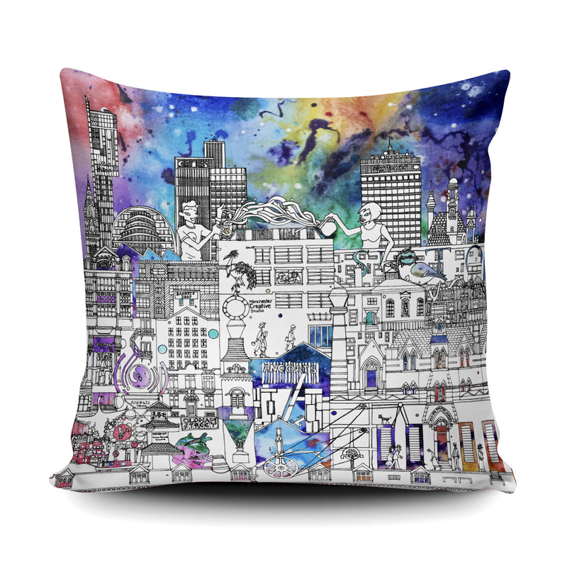 Industrial Manchester skyline cushion - colour